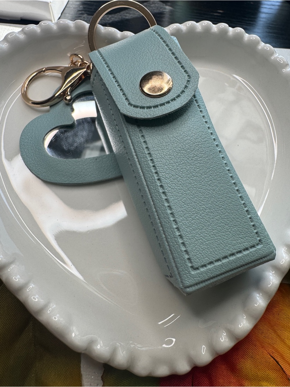 Light Blue Key & Lipstick Holder Keychain with Heart Mirror